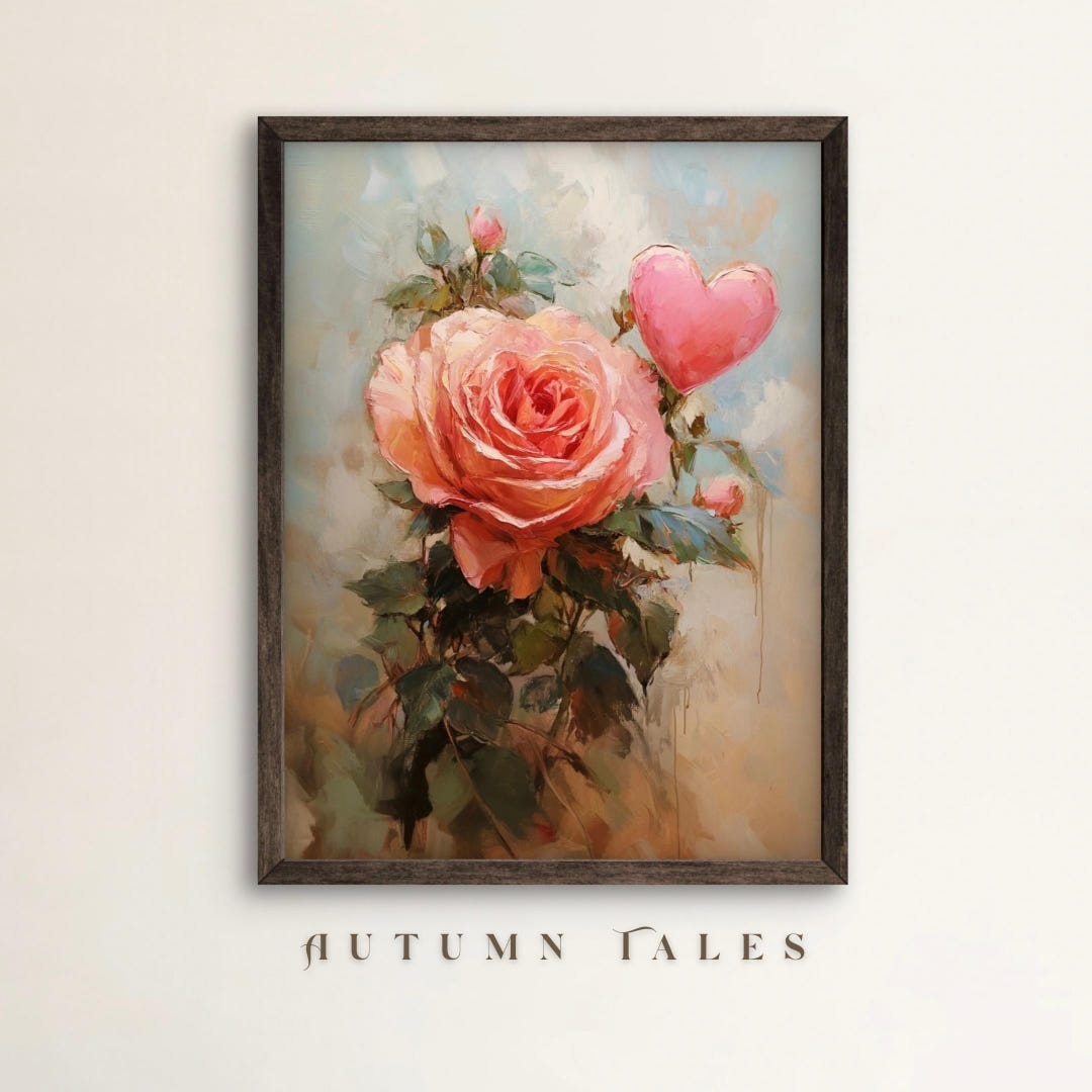 Valentines Day Single Pink Rose Flower and Heart Wall Art Print, Floral ...