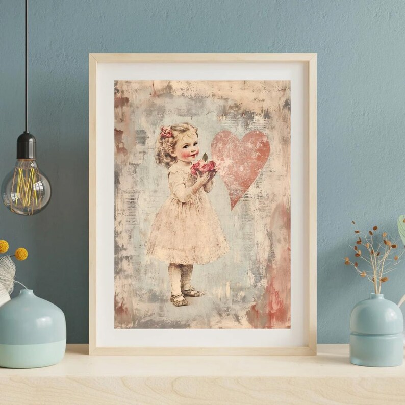 Vintage Valentines Day Wall Art Print of a Blonde Little Girl Holding ...