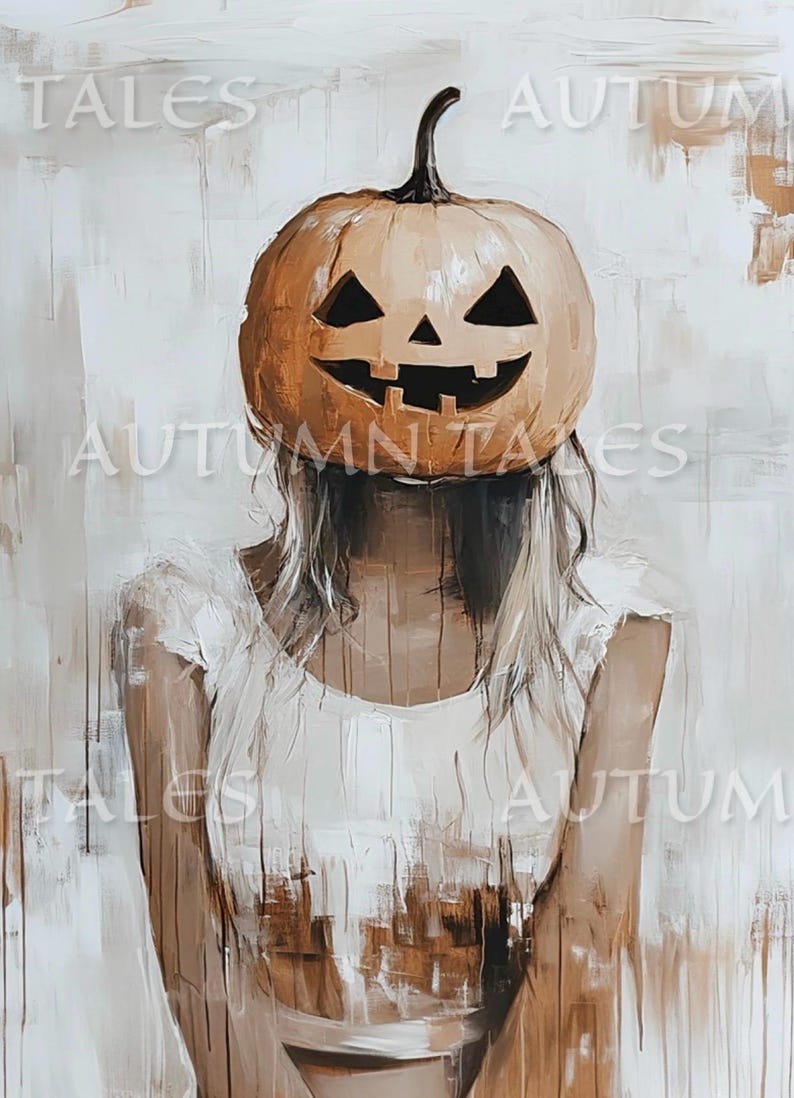 Halloween Spooky Fall Wall Art Print People Art Pumpkin Head Girl