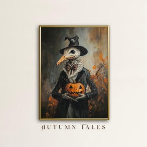 May include: A painting depicting a bird-like creature wearing a witch's hat and holding a jack-o'-lantern. The creature is dressed in a black suit with a white collar and bow tie. The background is a dark forest with autumn leaves.