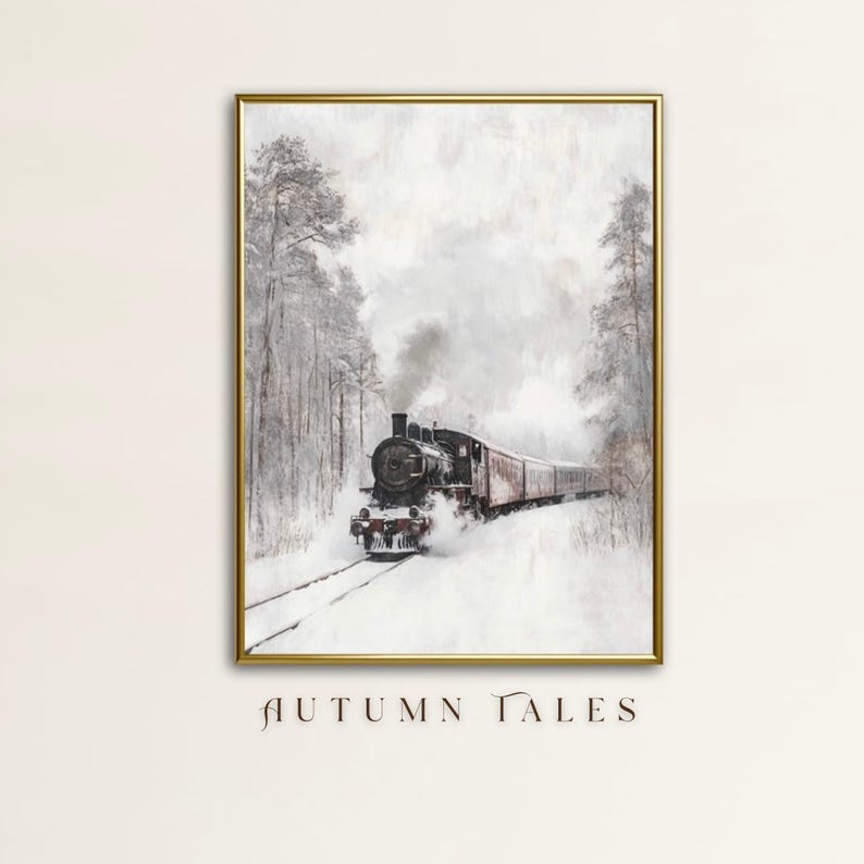 a vintage black and white wall art print of a train moving in a snow covered forest surrounded by tall trees with cloudy overcast sky in winter which can be great Chrsimas home decor or gift idea. this image has oil painting texture in muted tones