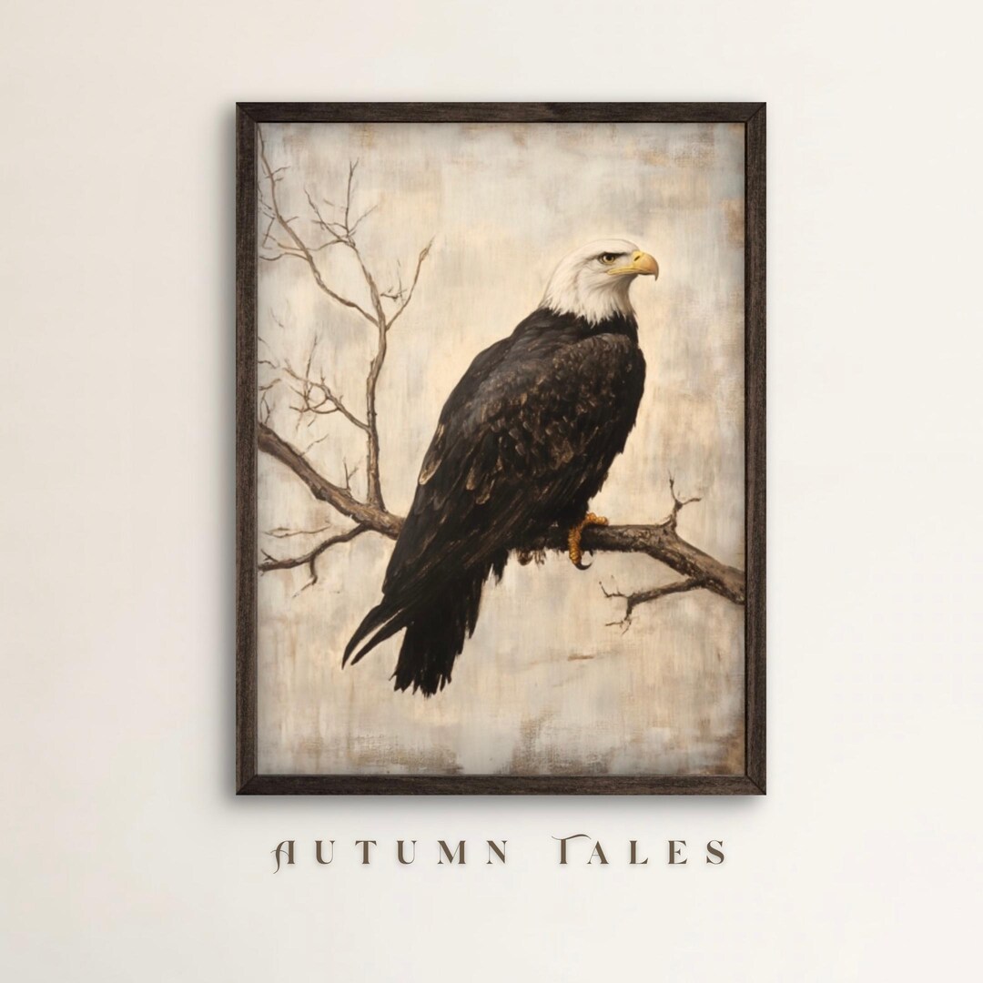 Vintage Bald Eagle Wall Art Print, Majestic Eagle on a Tree Branch in ...