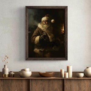 May include: A framed painting of Santa Claus holding a glass of champagne in front of a fireplace. He is wearing a red hat with a white trim, a brown coat, and a white beard. The painting is set against a dark background.