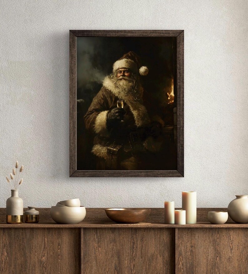 May include: A framed painting of Santa Claus holding a glass of champagne in front of a fireplace. He is wearing a red hat with a white trim, a brown coat, and a white beard. The painting is set against a dark background.