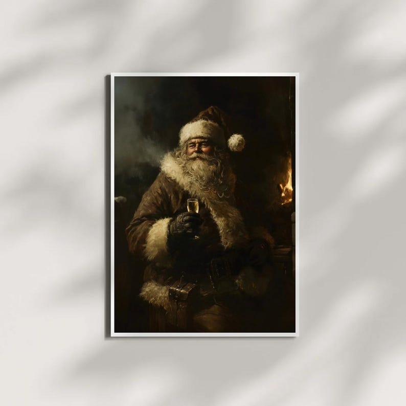 May include: A painting of Father Christmas in a brown fur-trimmed coat, holding a glass of champagne. He is sitting in front of a fireplace with a warm glow.