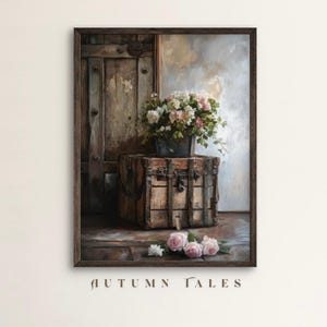 May include: A vintage wooden chest with metal accents sits in front of a weathered wooden door and a wall. A bouquet of pink and white flowers in a metal pot sits on top of the chest. Pink roses are scattered on the floor in front of the chest.