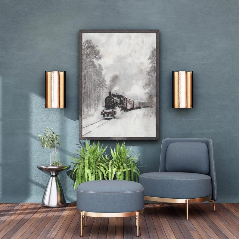 Printable Orient Express Train in a Snow Covered Forest, Christmas Wall Art Print, Moody Cozy Winter Winderalnd Printable, Digital Download image 6