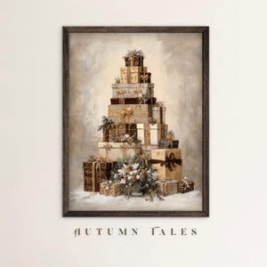 May include: A framed painting of a stack of gift boxes arranged in a Christmas tree shape. The boxes are various shades of brown and gold, adorned with ribbons and greenery. The words "AUTUMN TALES" are at the bottom.