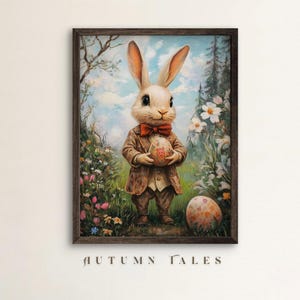 May include: A white rabbit wearing a brown suit and a red bow tie holds a decorated Easter egg in a spring garden setting. The rabbit is standing in front of a wooden frame with the text "AUTUMN TALES" below it.