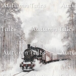 Printable Orient Express Train in a Snow Covered Forest, Christmas Wall Art Print, Moody Cozy Winter Winderalnd Printable, Digital Download image 9