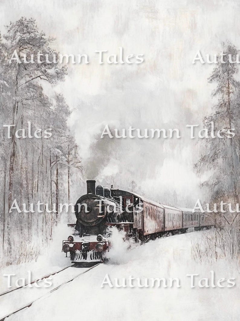Printable Orient Express Train in a Snow Covered Forest, Christmas Wall Art Print, Moody Cozy Winter Winderalnd Printable, Digital Download image 9