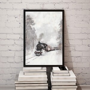 Printable Orient Express Train in a Snow Covered Forest, Christmas Wall Art Print, Moody Cozy Winter Winderalnd Printable, Digital Download image 3