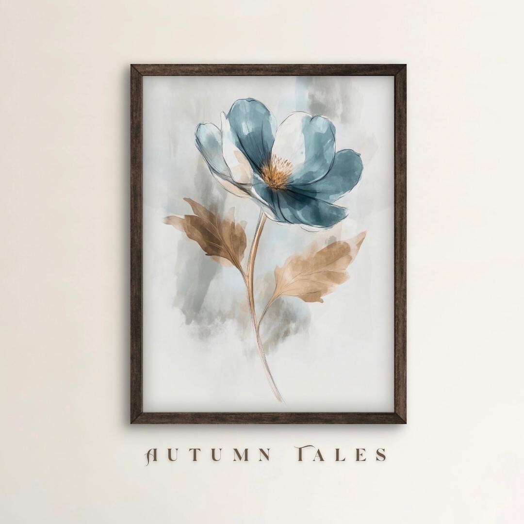 Printable Watercolor Floral Wall Art Single Blue Gold Brown Leaves ...