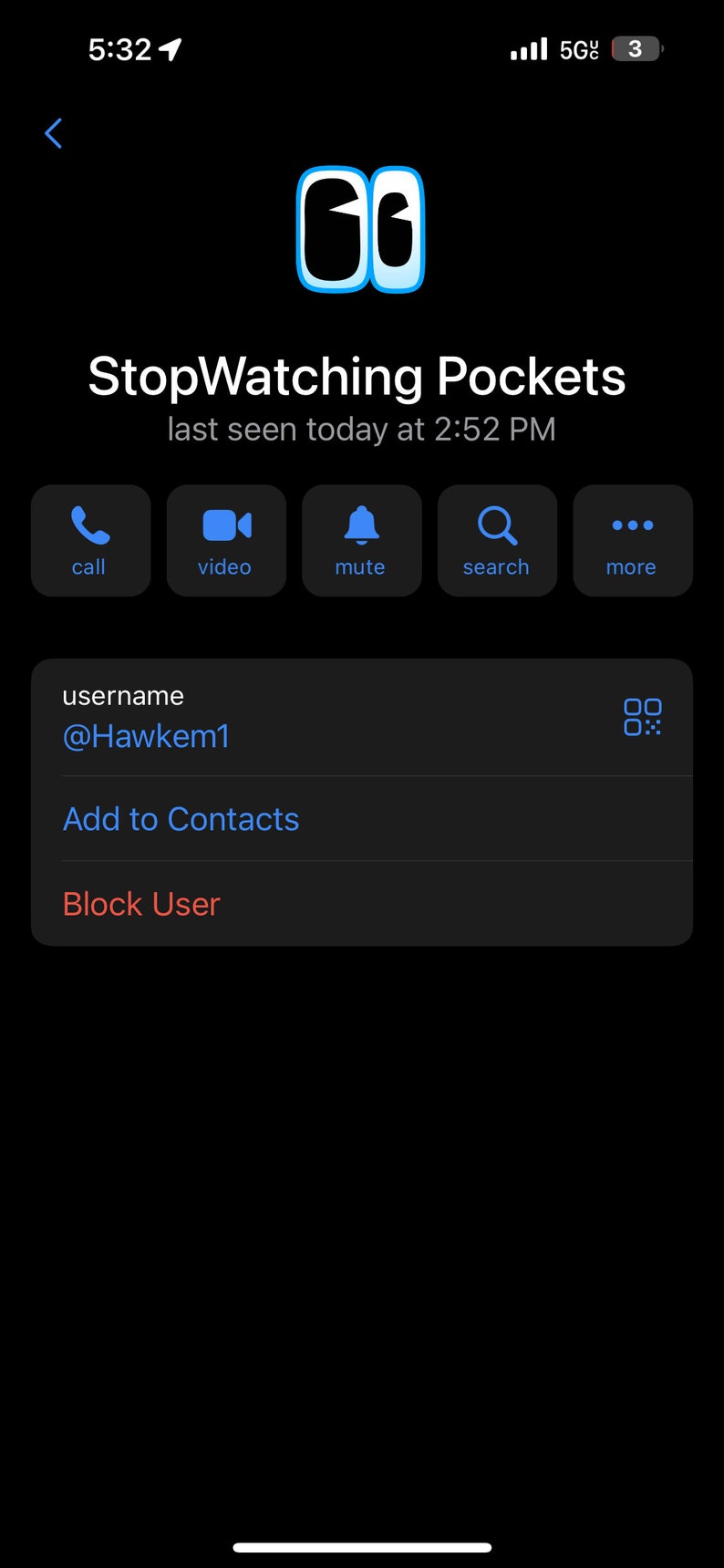May include: A screenshot of a mobile phone screen displaying a profile for a user named "@Hawkem1" on the StopWatching Pockets app. The user's last seen time is shown as "today at 2:52 PM". The screen includes options to call, video chat, mute, search, and more.