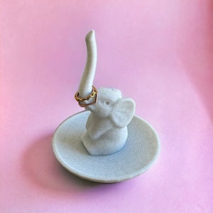 Cute Elephant Ring Holder with Dish, Marble Finish