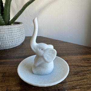 Cute Elephant Ring Holder with Dish, Marble Finish