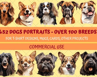Over 450 Dogs Portraits Photos, 100+ Breeds, Dogs Cliparts, Transparent, For T-Shirt Designs, Cliparts, Mugs, Cards, Others, Commercial Use