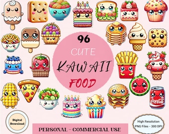 96 Cute Kawaii Food, Kawaii Cliparts, Kawaii Pizza Ice Cream Fruit Cake Corn Popcorn Strawberry Blueberry, PNG Files, Digital Projects