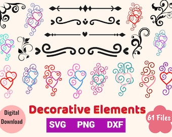 61 Files Decorative Elements Bundle, PNG SVG DXF Graphic Design, Sublimation, Cricut, Digital Projects, Commercial Use