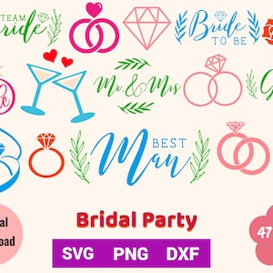 47 arquivos de design PNG SVG DXF para festa de casamento, pacote de aniversário, sublimação, silhueta, Cricut, impressão sob demanda, canecas, cartões, uso comercial
