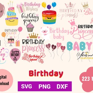 233 arquivos de design PNG SVG DXF de aniversário, pacote de aniversário, sublimação, Cricut, impressão sob demanda, camiseta, cartão de aniversário, uso comercial