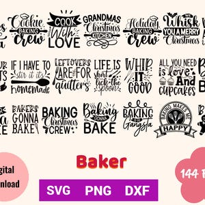 Könnte beinhalten: Eine Sammlung von schwarz-weißen Designs zum Thema Backen mit Sätzen wie "Cookies for Santa" und "Bakers Gonna Bake". Enthält einen rosa Kreis mit "Digital Download" und eine rosa Blume mit "144 Dateien".
