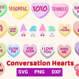 Pacote de 32 arquivos Conversation Heart, PNG SVG DXF Design gráfico, Sublimação, Cricut, Impressão sob demanda, Camiseta, Cartão para uso comercial