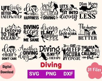 31 Files Diving Bundle PNG SVG DXF Graphic Design, Scuba Diving Quotes, Sublimation, Cricut, Print On Demand, T-Shirt, Commercial Use