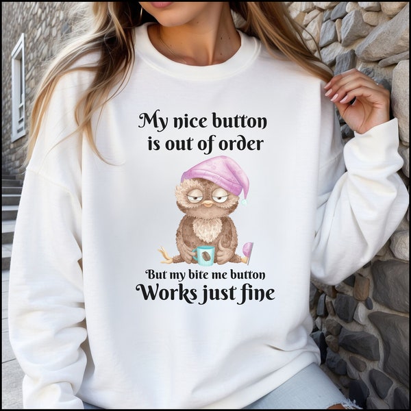 Bite Me Button Sweatshirt, Cute Hoodie, Sarcastic Tee, Tired Cute Owl, Gift For Her, Gift For Him, Birthday Gift, Valentines Day Gift