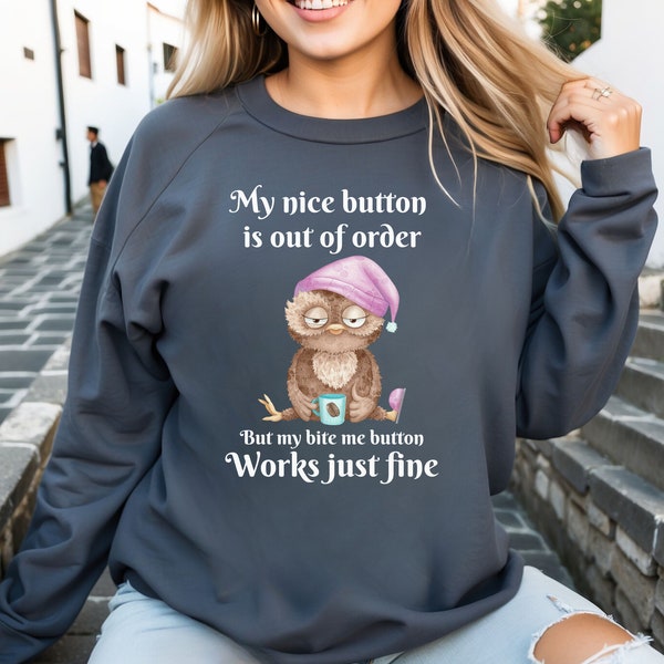 Bite Me Button Sweatshirt, Cute Hoodie, Sarcastic Tee, Tired Cute Owl, Gift For Her, Gift For Him, Birthday Gift, Valentines Day Gift