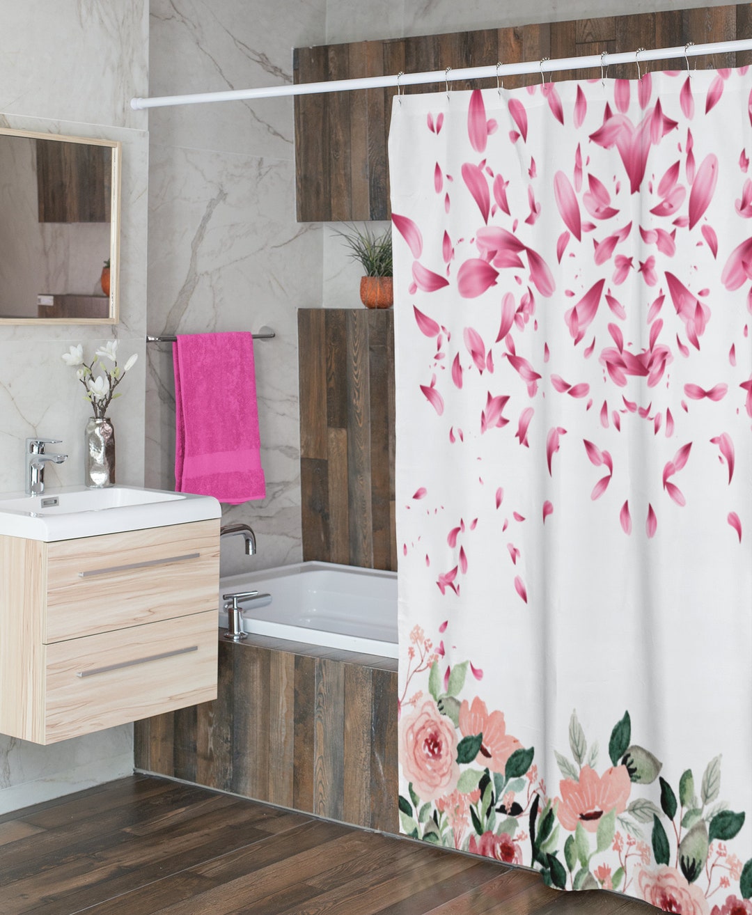 Flower Shower Curtain, Shower Curtain Boho, Flower Shower Curtain, Boho Shower Curtain, Linen ...