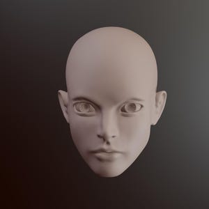 May include: A pale, smooth-skinned human face sculpture with detailed eyes, nose, and lips. The head is bald and the ears are visible. The face is centered against a dark gray background, creating a stark contrast.
