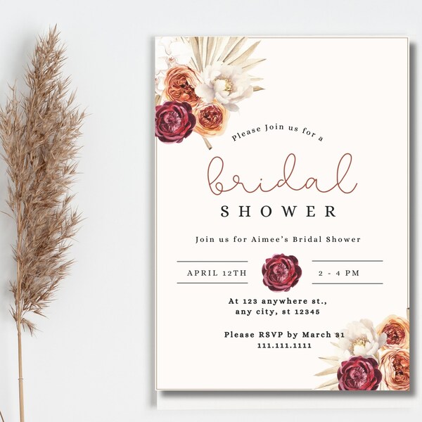 Boho Peony Bridal Shower Digital Template Bundle | Peony Flowers, muted blush | Edit in Canva, Editable, Printable, Mobile Sharing | 5"x7",