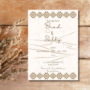 May include: A cream-colored wedding invitation with a rustic design. The text reads "Save the Date" and includes the names "Brad & Sally", date, time, and address. Decorative geometric patterns border the top and bottom.