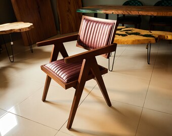 Custom Made Walnut Chair With Faux Leather