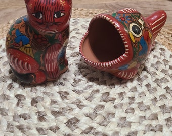 1992 Vintage Set Mexico Handmade Decor Talavera Wide Mouth Fish Red Cat Mexican Pottery Hand Painted Folk Outsider Art 