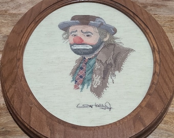 Vintage Emmett Kelly Clown Finished Signed Oval Framed Cross Stitch