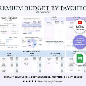 Budget by Paycheck Spreadsheet Google Sheets, Weekly Biweekly Monthly 50/30/20 Template, Ultimate Financial Planner Tracker Debt Snowball