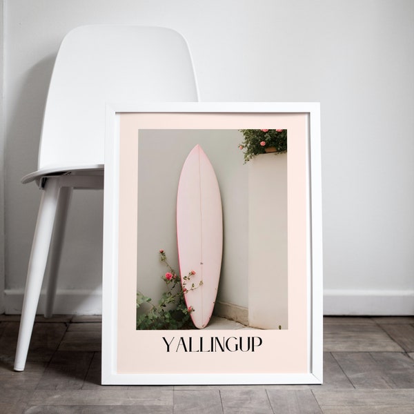 Vintage Yallingup Surfboard Print, Pink Surfboard Wall Art, Instant Digital Download, Boho Beach Print, Surfer Girl Beach House Decor Surf