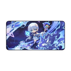 May include: Rectangular mouse mat with a fantasy anime-style illustration. A character with white hair and blue eyes is surrounded by blue and purple mystical creatures and symbols. The design includes a staff and a wolf-like figure, set against a starry background.