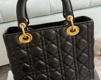 Vintage Bag Womens Lady Dior black lambkin medium