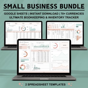 May include: Two laptop computers displaying Google Sheets spreadsheets with charts and graphs. The text on the screen reads "Small Business Bundle", "Google Sheets", "Instant Download", "70+ Currencies", "Ultimate Bookkeeping & Inventory Tracker", and "2 Spreadsheet Templates".