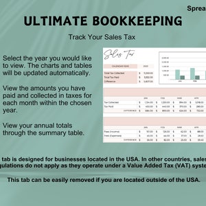 May include: A spreadsheet titled "Ultimate Bookkeeping" with a section titled "Track Your Sales Tax". The spreadsheet includes a chart and table to track sales tax collected and paid for the year 2022. The spreadsheet is designed for businesses located in the USA.