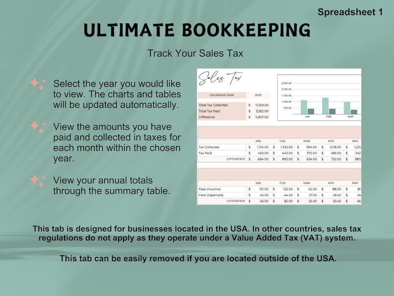 May include: A spreadsheet titled "Ultimate Bookkeeping" with a section titled "Track Your Sales Tax". The spreadsheet includes a chart and table to track sales tax collected and paid for the year 2022. The spreadsheet is designed for businesses located in the USA.