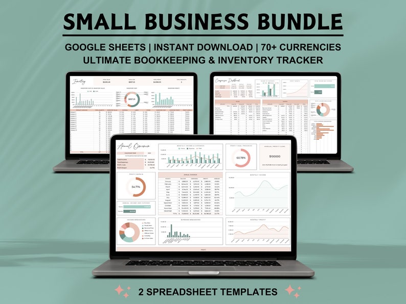 May include: Two laptop computers displaying Google Sheets spreadsheets with charts and graphs. The text on the screen reads "Small Business Bundle", "Google Sheets", "Instant Download", "70+ Currencies", "Ultimate Bookkeeping & Inventory Tracker", and "2 Spreadsheet Templates".