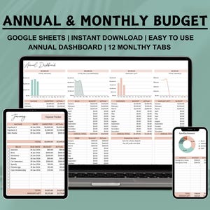 May include: A Google Sheets template for an annual and monthly budget. The template includes a dashboard with a summary of income, expenses, and savings. There are 12 monthly tabs for tracking income and expenses. The template is designed to be easy to use and includes charts and graphs to visualise your finances.