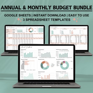 Pacchetto di fogli di calcolo per budget annuali e mensili Fogli Google Monitoraggio dei risparmi Controllo del debito Finanze personali Modello di budget mensile facile