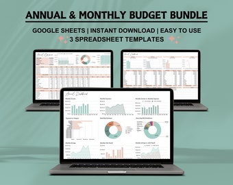 Spreadsheetbundel jaar- en maandbegroting Google Spreadsheets Spaartracker Schuldbeheer Persoonlijke financiën Eenvoudig sjabloon voor maandelijkse budgettering
