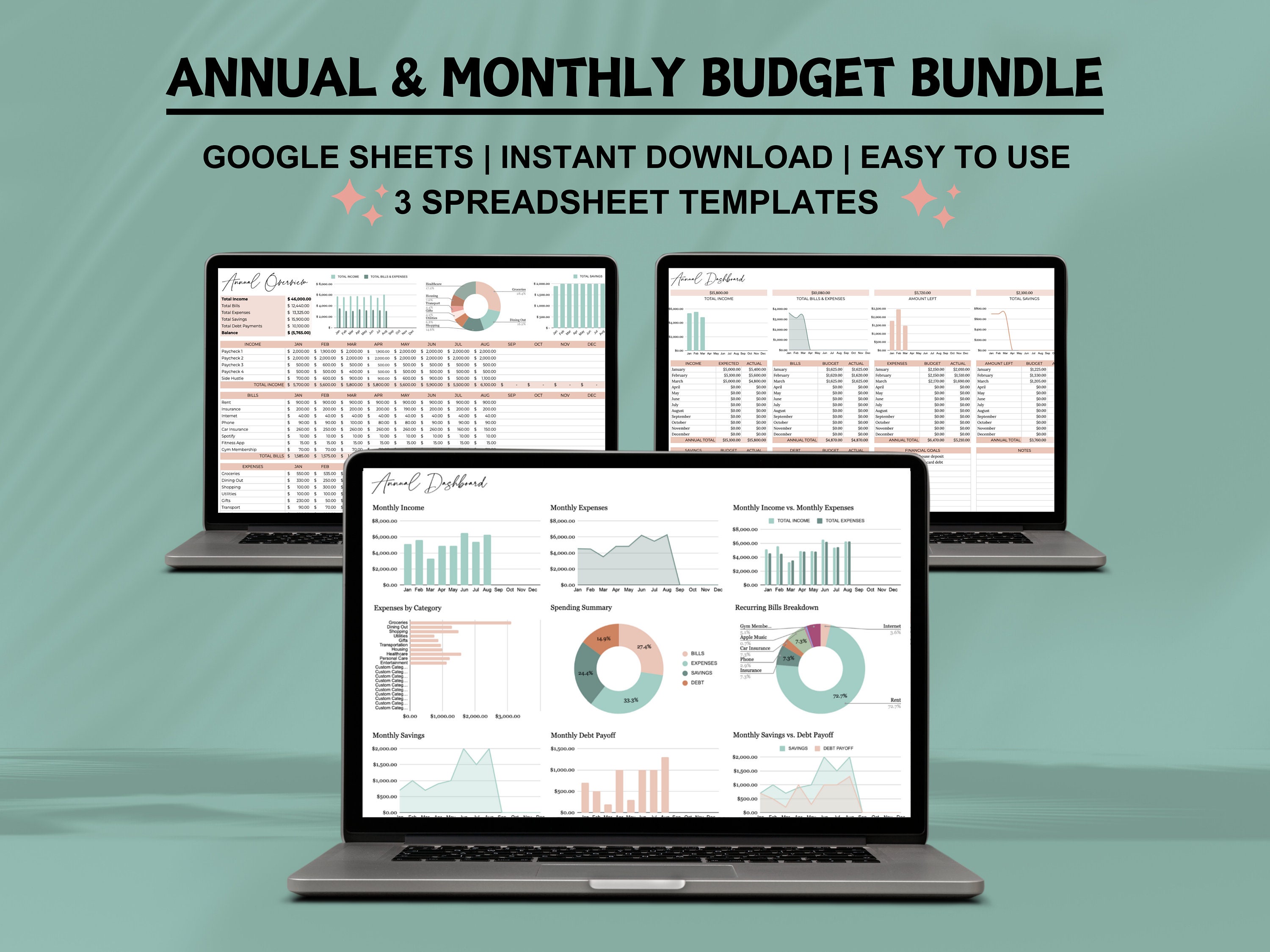 Annual & Monthly Budget Spreadsheet Bundle Google Sheets Savings ...
