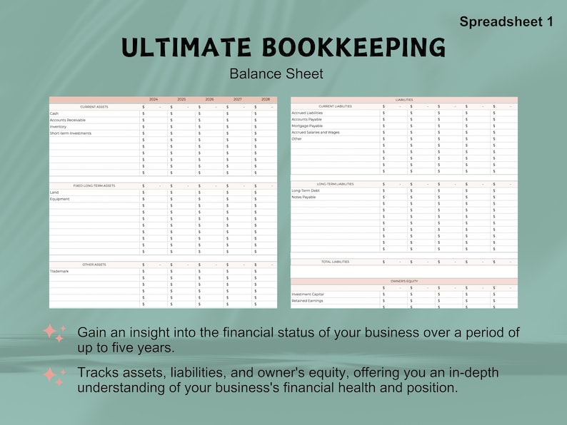 May include: A spreadsheet titled "Ultimate Bookkeeping" with a balance sheet template. The spreadsheet is designed to track assets, liabilities, and owner's equity over a period of up to five years. The spreadsheet includes columns for each year from 2024 to 2028.